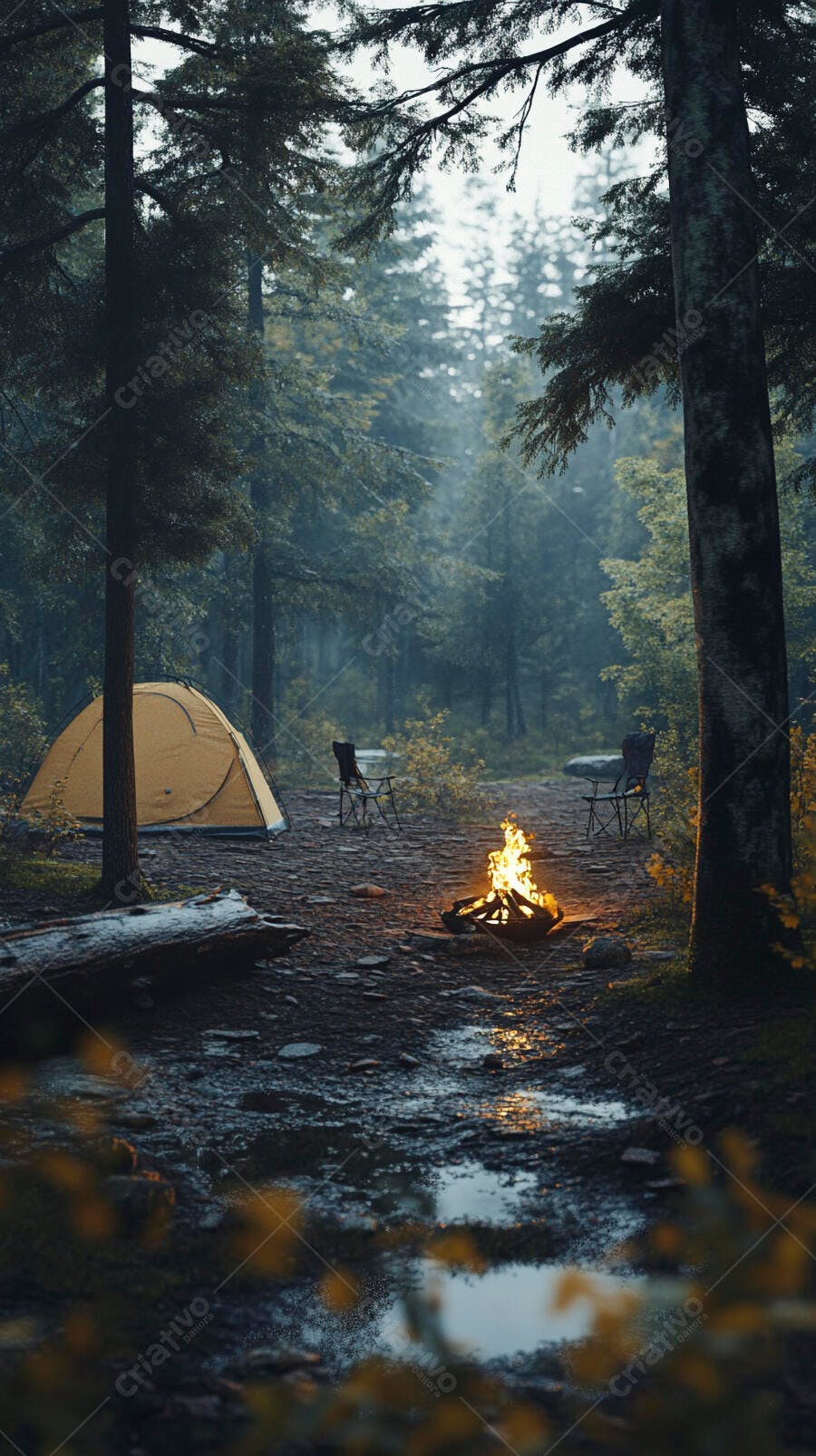 Acampamento floresta densa com barraca amarela e fogueira à noite