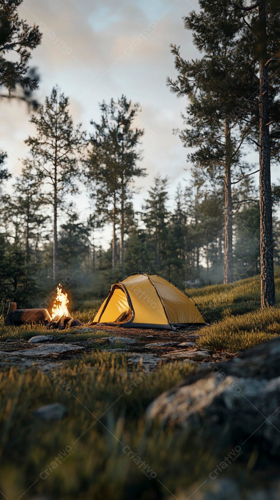 Barraca amarela acampamento e fogueira na floresta ao entardecer