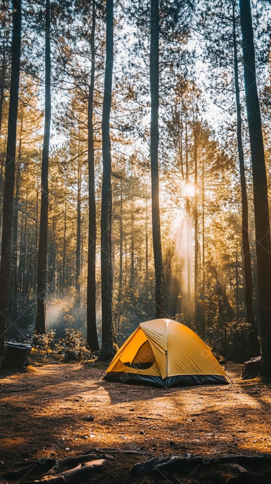 Tenda amarela em floresta de pinheiros com raios de sol ao amanhecer