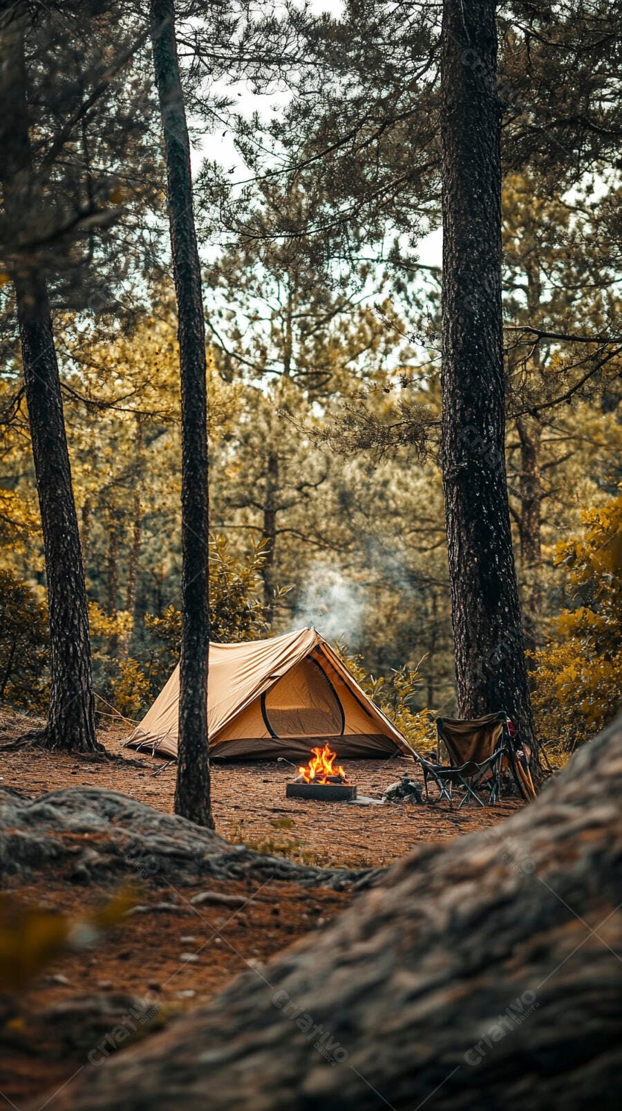 Barraca de camping cor laranja e fogo na floresta outonal ao entardecer