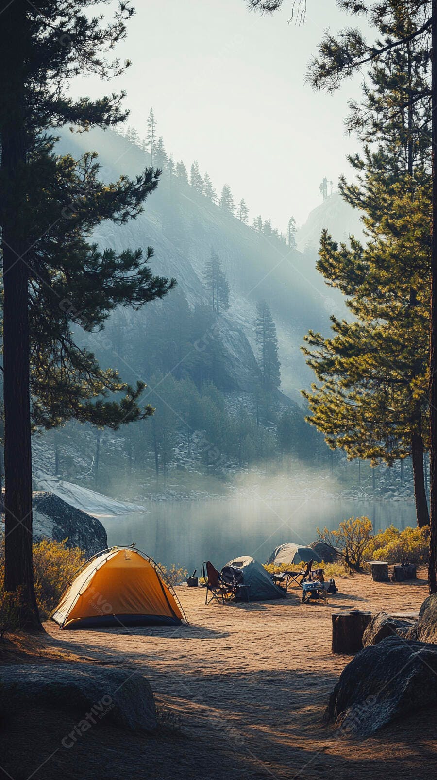 Barracas de camping laranja e cinza à beira de lago com montanhas enevoadas ao amanhecer