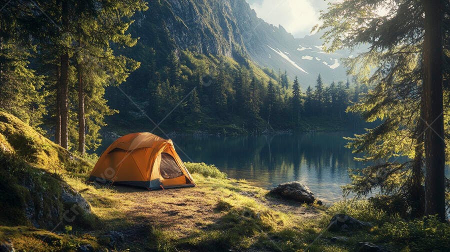 Acampamento com barraca laranja ao lado de lago e montanhas