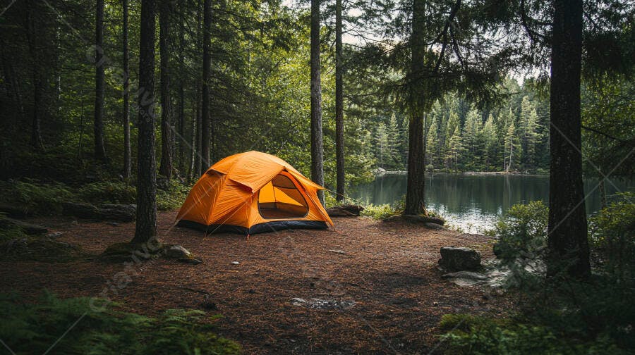 Barraca de camping laranja em floresta de pinheiros verdes ao lado de lago calmo