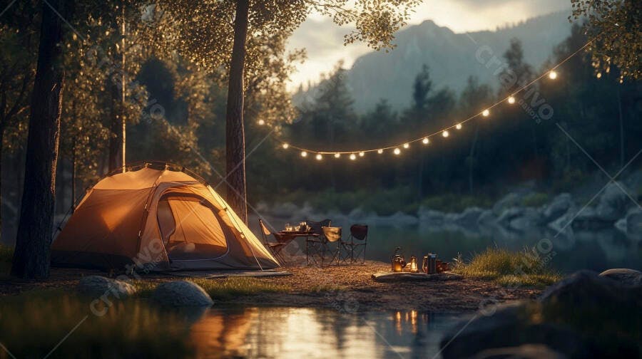 Barraca de camping laranja iluminada à beira do lago ao pôr do sol