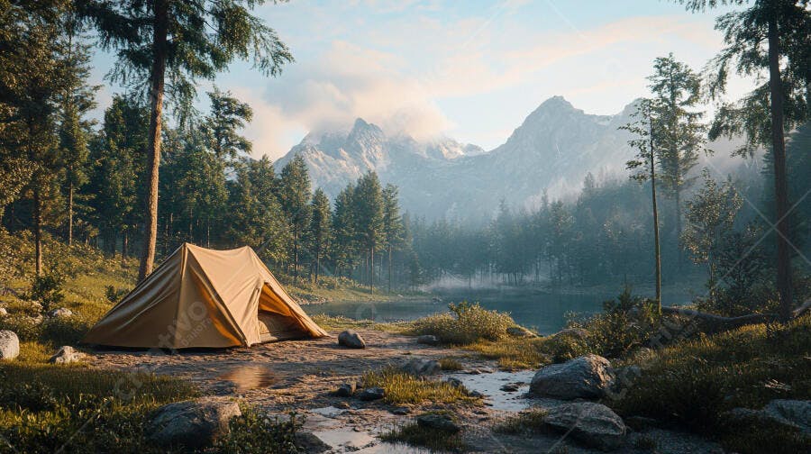 Tenda de camping bege na floresta com lago e montanhas ao amanhecer