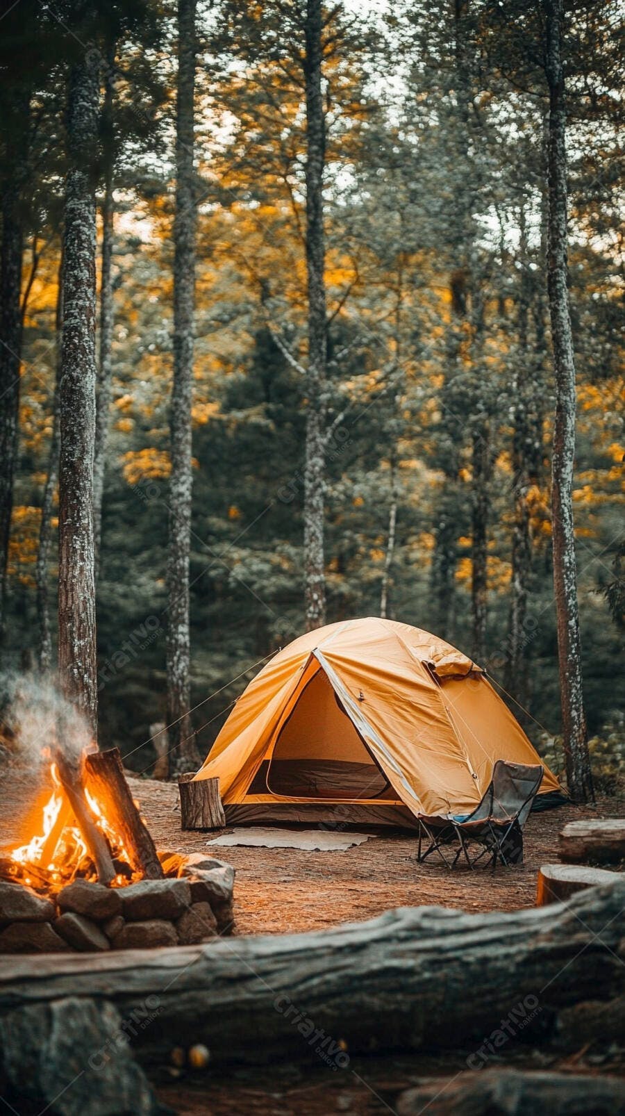 Barraca de camping laranja e fogueira acesa na floresta ao entardecer