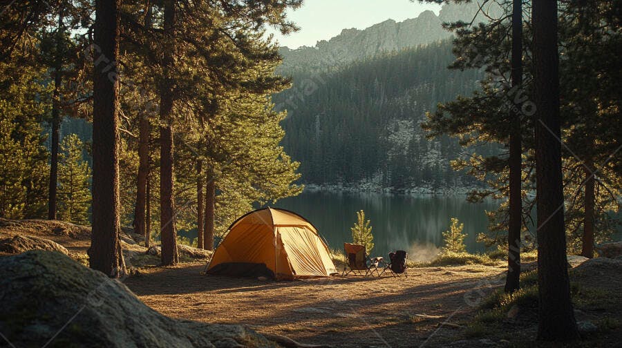 Barraca de camping laranja em acampamento à beira do lago ao amanhecer