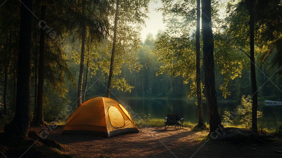 Barraca de camping laranja à beira do lago na floresta ao amanhecer com luz dourada