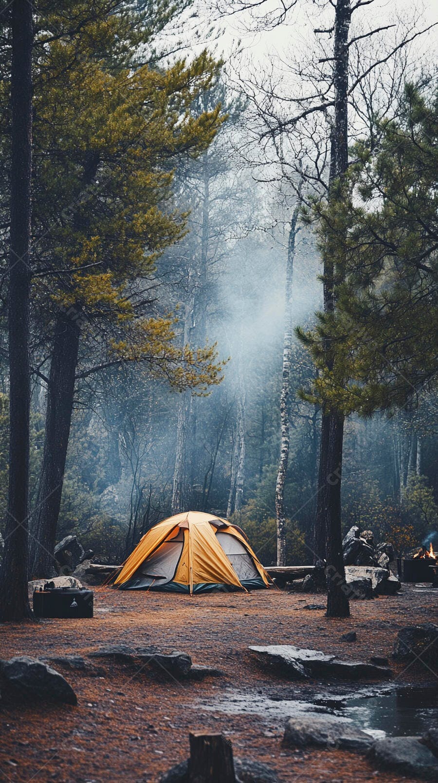 Barraca amarela em acampamento floresta neblina matinal com fumaça