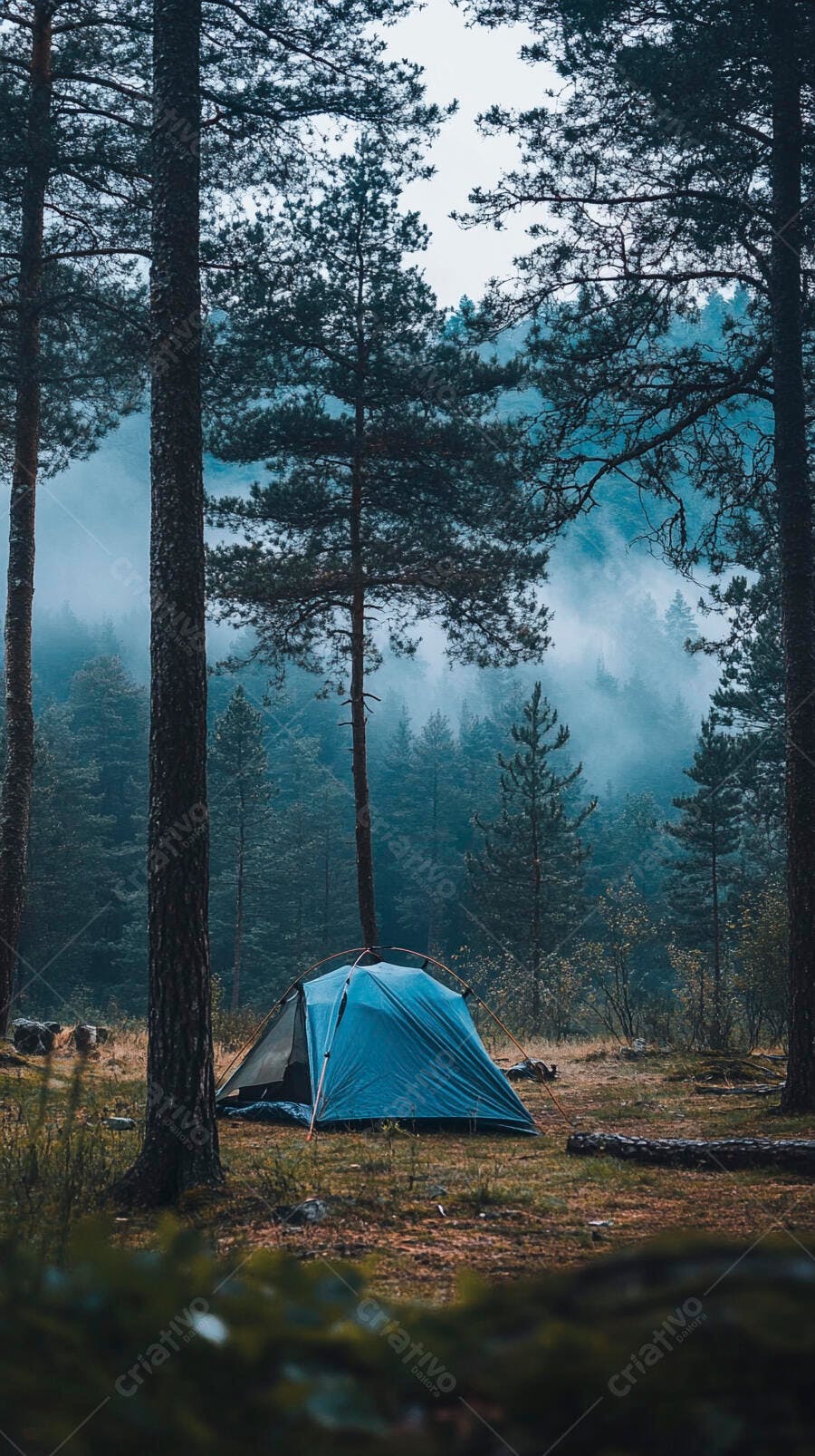 Tenda azul em floresta nebulosa de pinheiros ao amanhecer