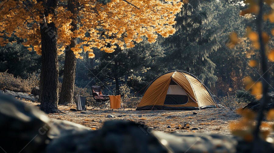 Barraca de camping em floresta de outono com folhas douradas ao entardecer