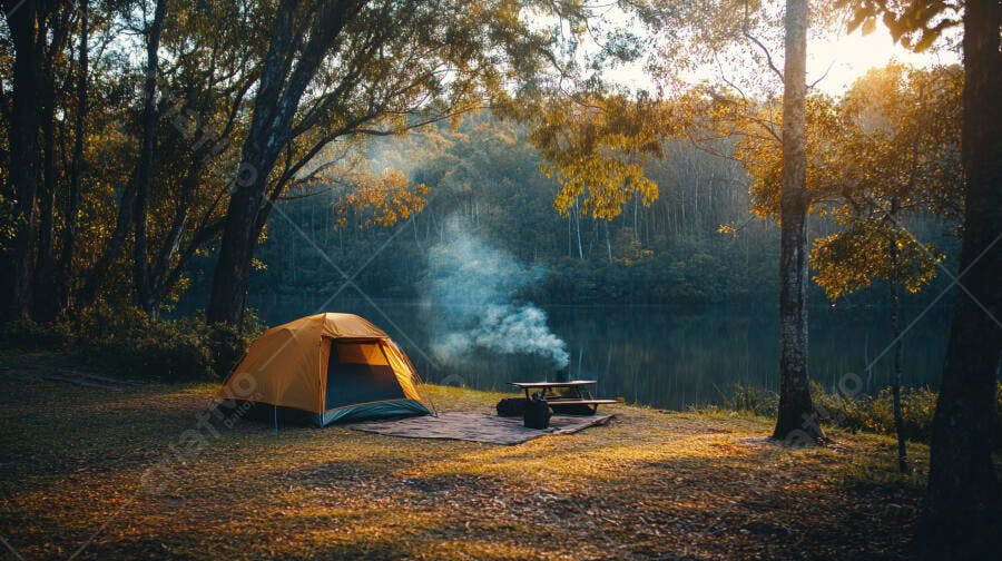 Barraca de camping laranja na beira do lago ao nascer do sol