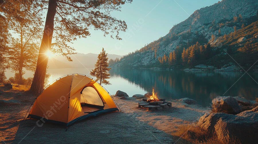 Barraca de camping laranja com fogueira à beira do lago nas montanhas ao amanhecer