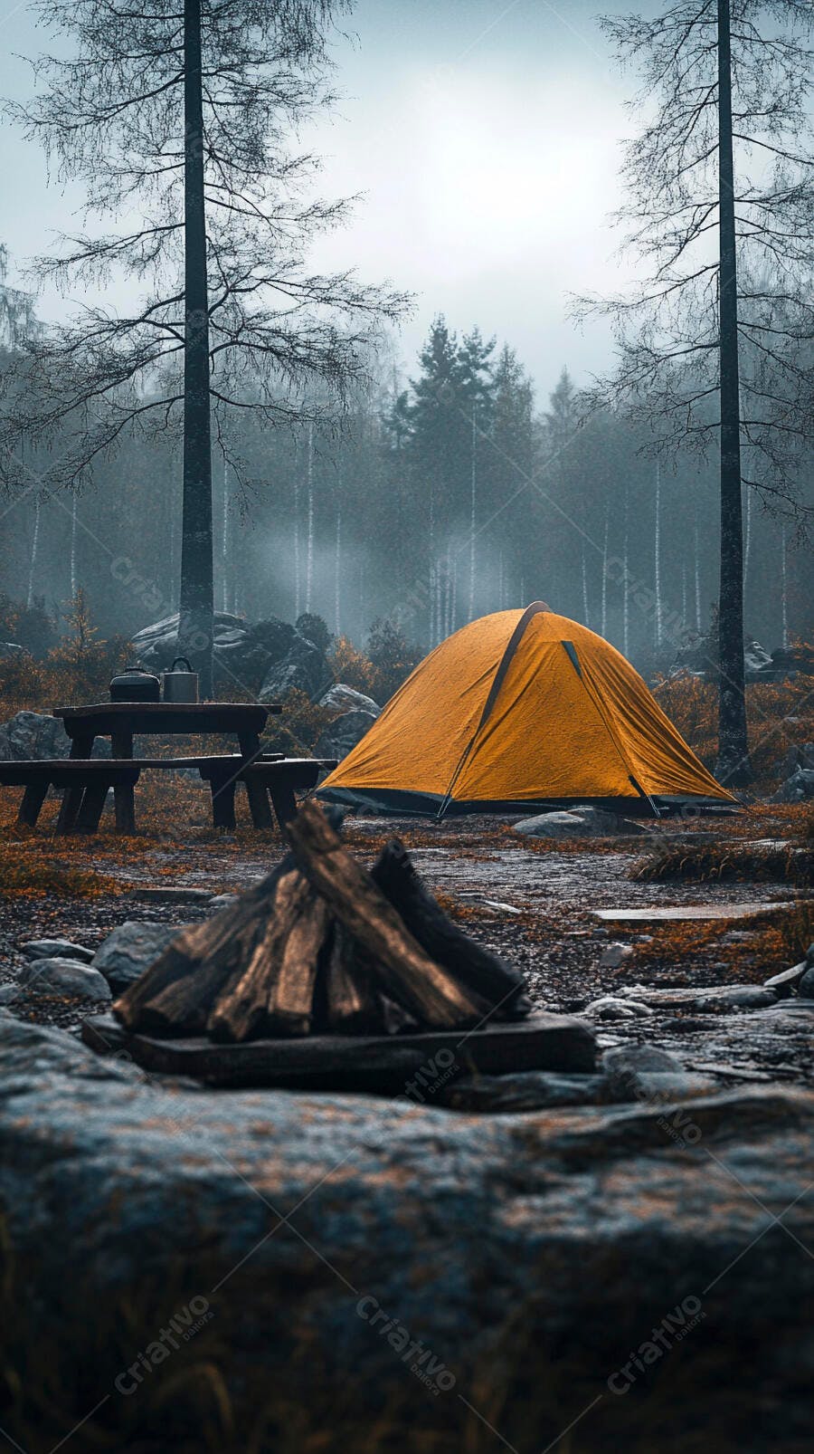 Barraca de camping laranja na floresta nebulosa com fogueira e mesa de piquenique