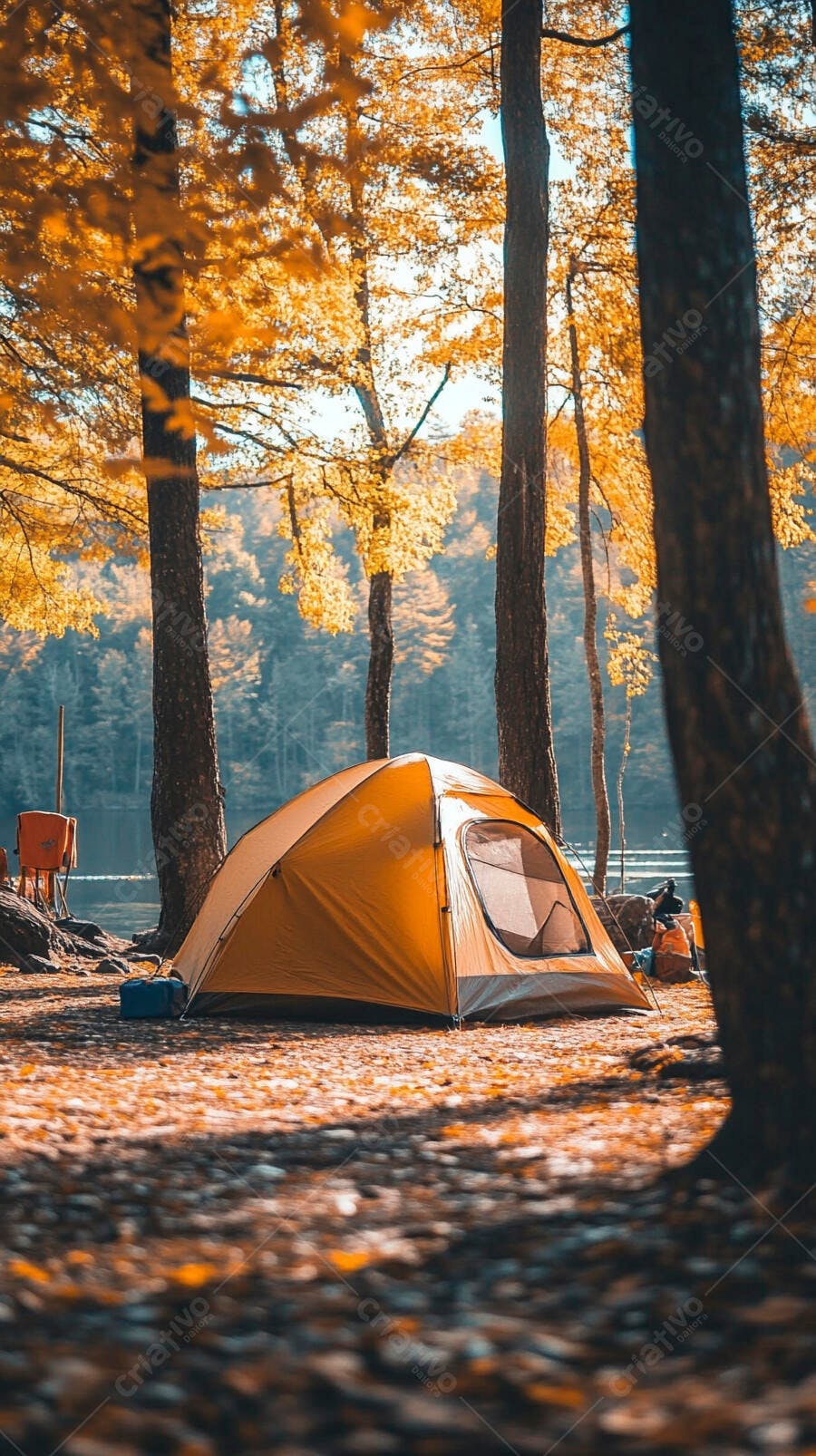 Barraca de camping laranja em floresta de outono perto do lago