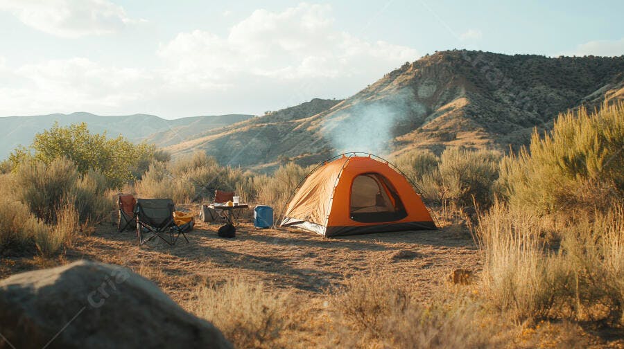 Barraca laranja em acampamento selvagem ao entardecer com fumaça