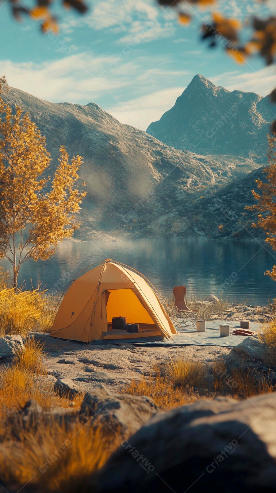 Barraca de acampamento amarela à beira do lago nas montanhas no outono