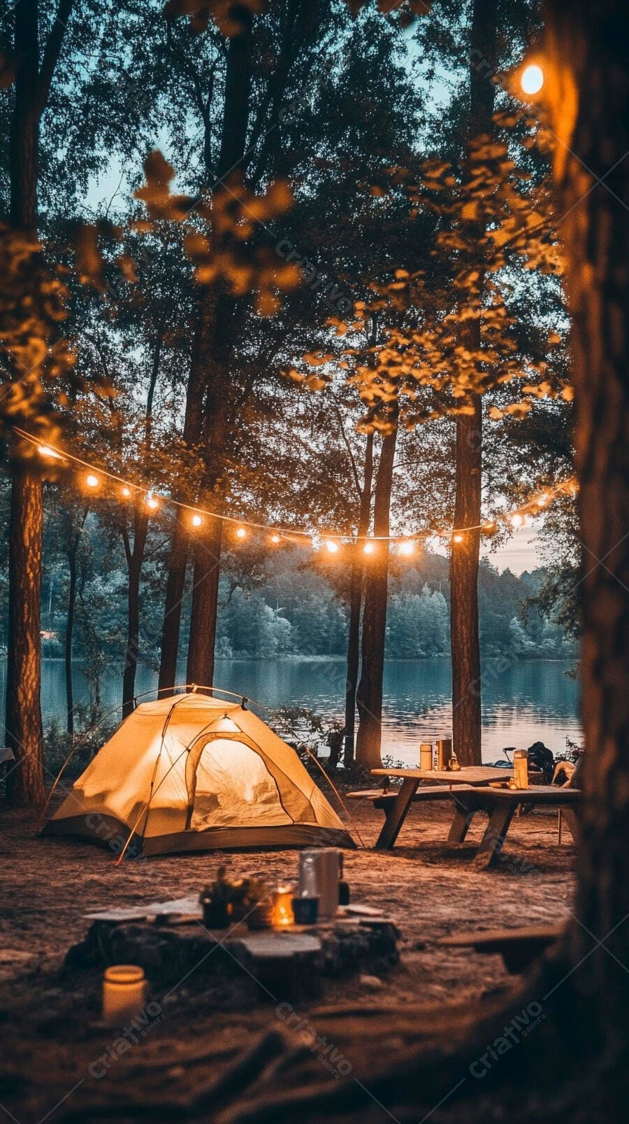 Tenda de camping laranja iluminada à beira do lago ao anoitecer com luzes