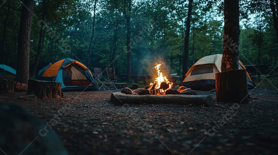 Fogueira acesa entre barracas de camping coloridas na floresta escura