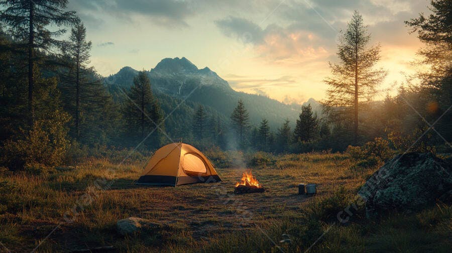 Tenda laranja e fogueira em acampamento nas montanhas ao nascer do sol