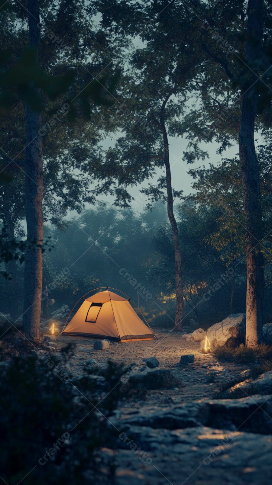 Barraca de camping iluminada em floresta escura ao anoitecer
