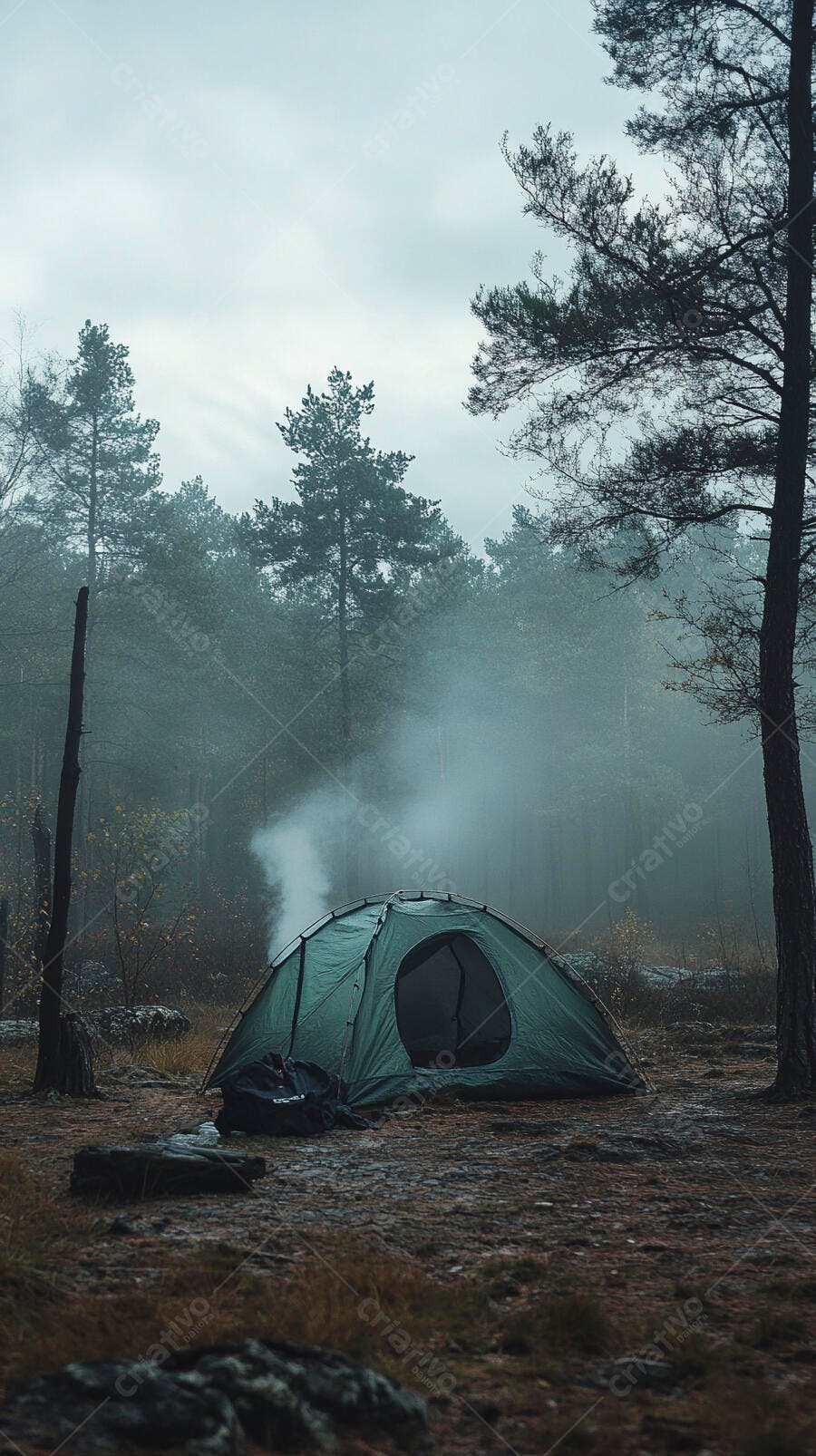 Barraca verde em floresta neblinosa com fumaça subindo no acampamento matinal