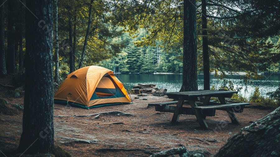 Barraca de camping laranja em floresta à beira do lago com mesa de piquenique