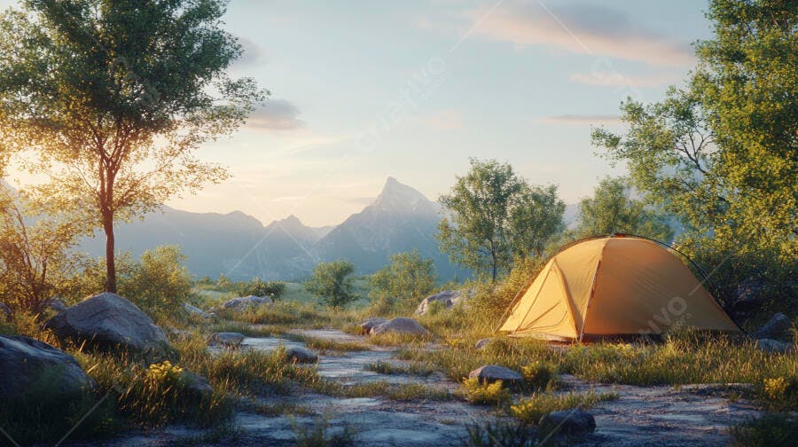 Barraca de camping amarela em paisagem montanhosa ao amanhecer