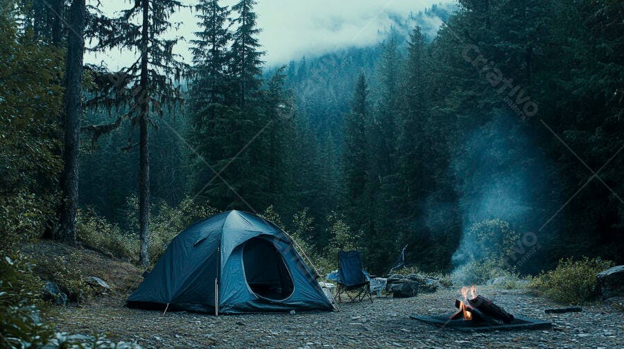 Acampamento noturno em floresta densa com barraca azul e fogueira acesa
