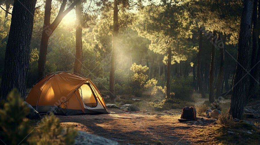 Tenda de camping laranja na floresta ensolarada ao amanhecer