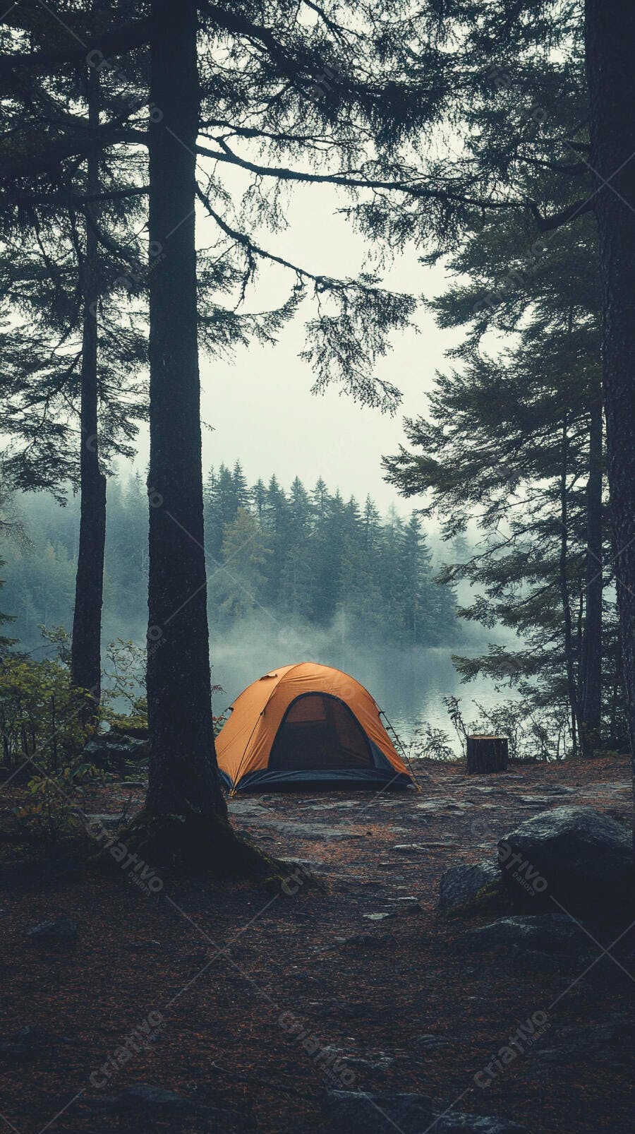 Barraca de camping laranja em floresta com lago e névoa matinal