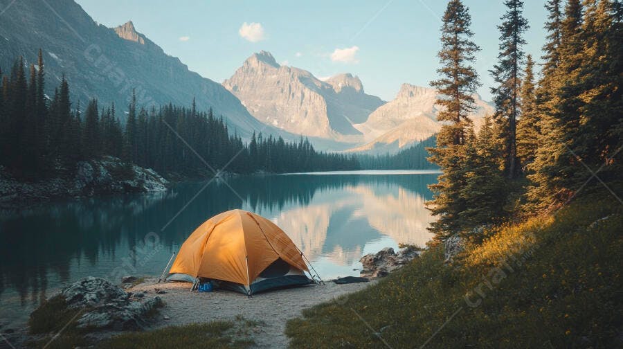Barraca de camping laranja à beira de um lago azul nas montanhas ao amanhecer