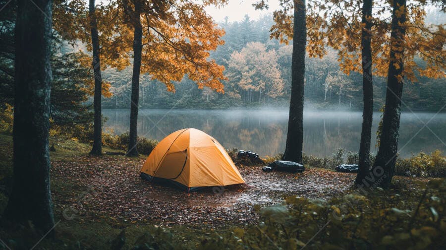 Barraca de camping laranja na floresta à beira do lago com neblina outono