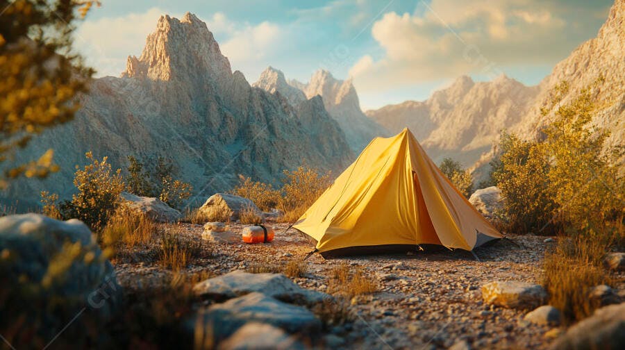 Tenda amarela em acampamento nas montanhas rochosas ao amanhecer