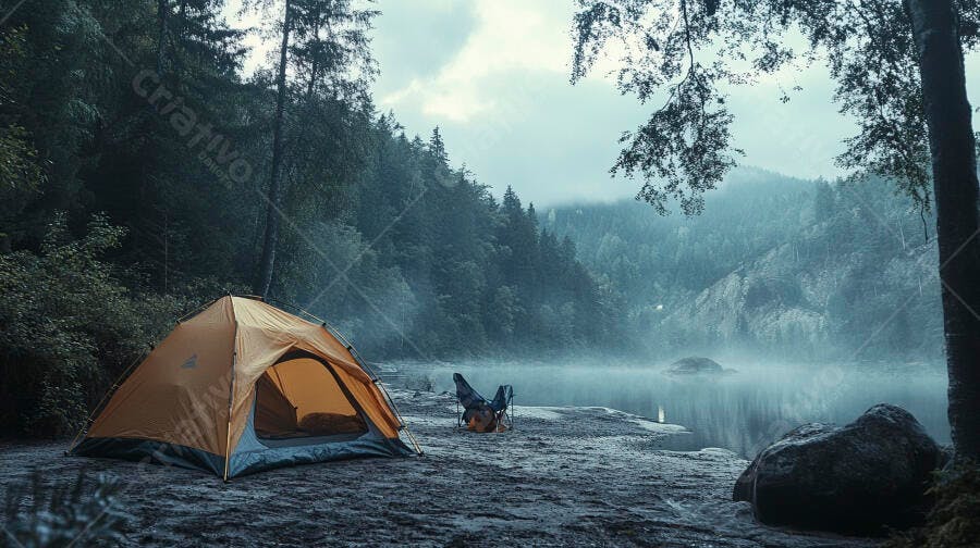Barraca laranja beira lago nevoento floresta densa amanhecer