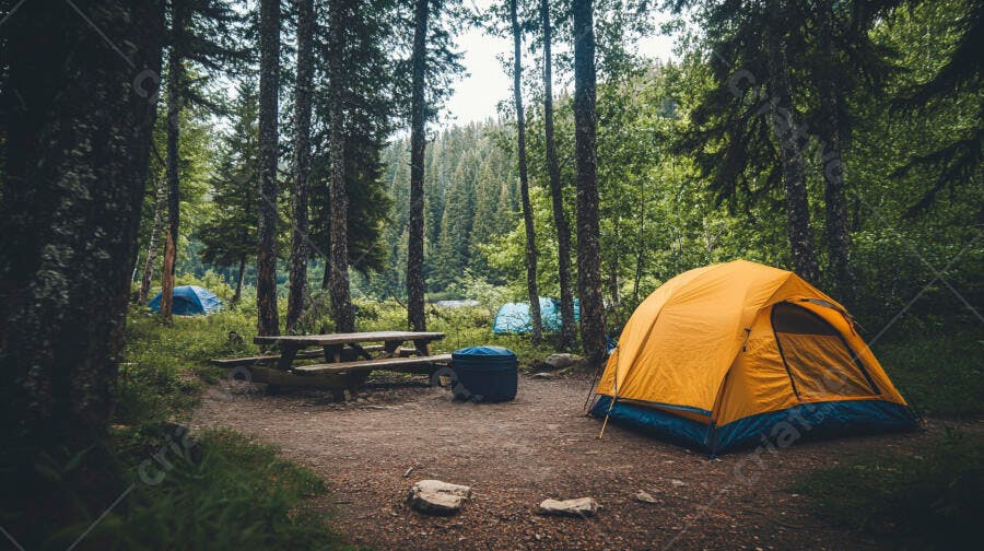 Barraca de camping laranja em floresta densa com mesa de piquenique