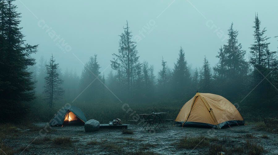 Duas barracas de camping na floresta enevoada ao amanhecer