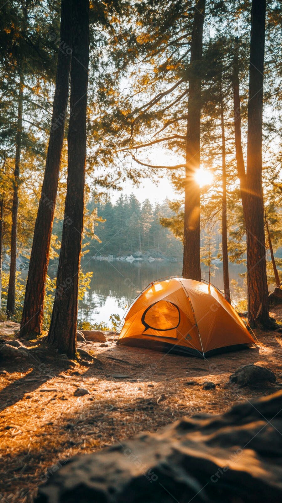 Barraca laranja acampando à beira do lago ao nascer do sol