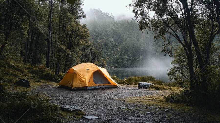Barraca laranja acampamento à beira do lago na floresta com neblina