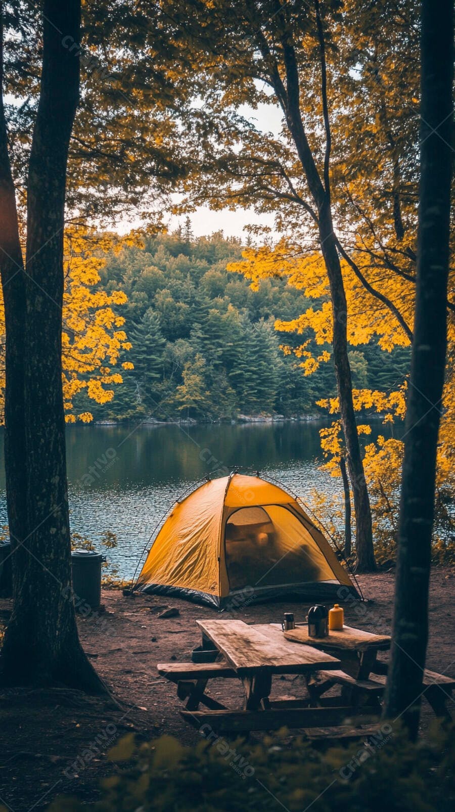 Tenda amarela em acampamento à beira do lago na floresta outonal