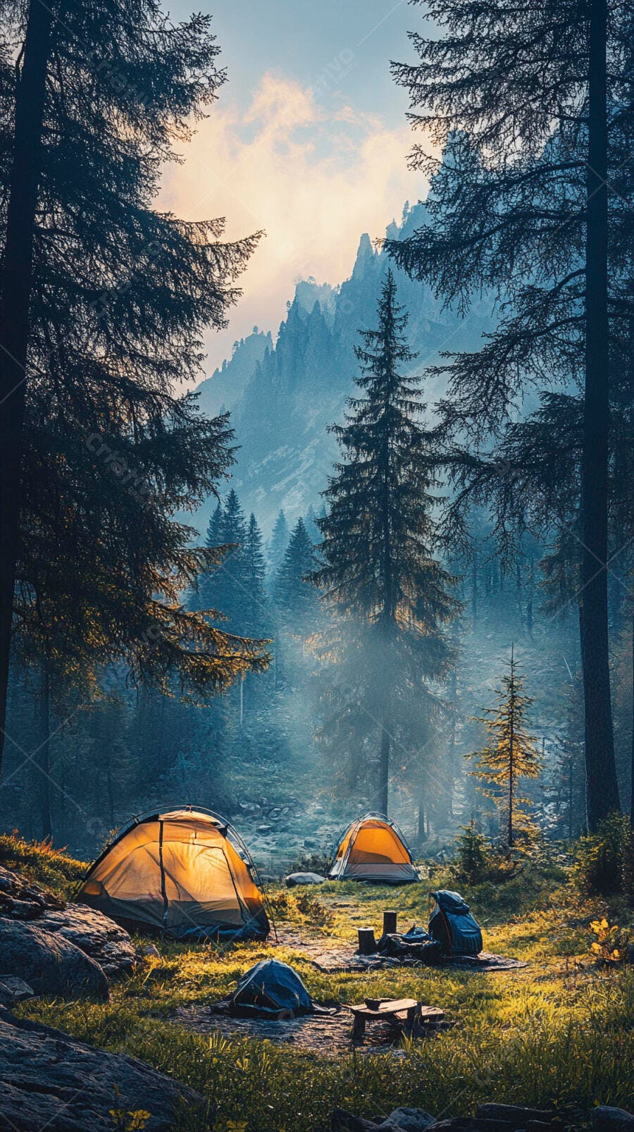 Acampamento com barracas iluminadas em floresta montanhosa ao amanhecer
