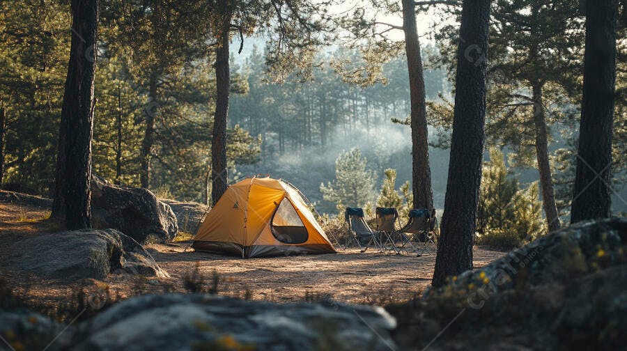 Barraca amarela de camping no bosque com névoa ao amanhecer