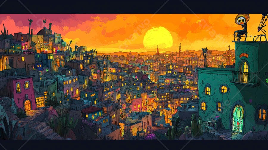 Cidade mexicana colorida ao pôr do sol com figura de calavera no telhado