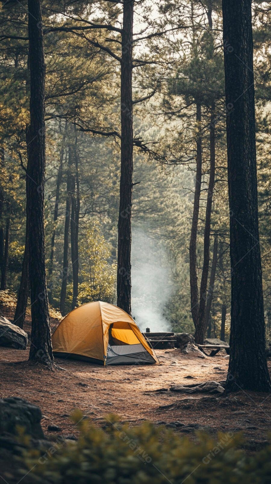 Barraca amarela em acampamento tranquilo na floresta de pinheiros com fumaça