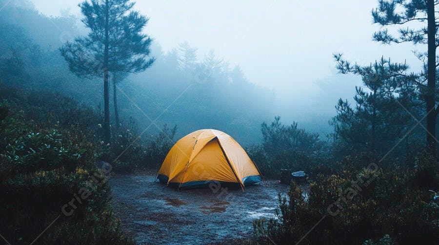 Barraca de camping amarela em floresta nublada com chão molhado e pinheiros