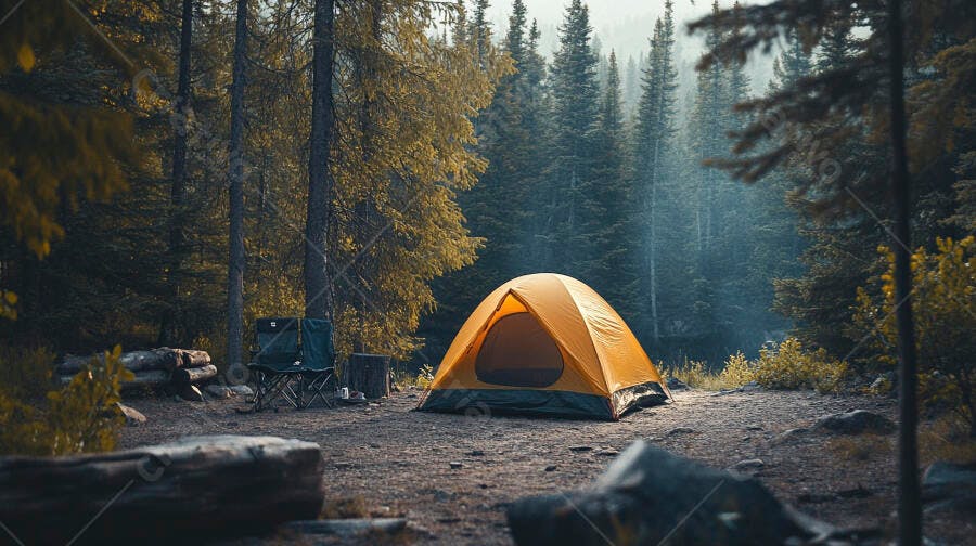 Barraca de camping laranja em acampamento na floresta com neblina matinal