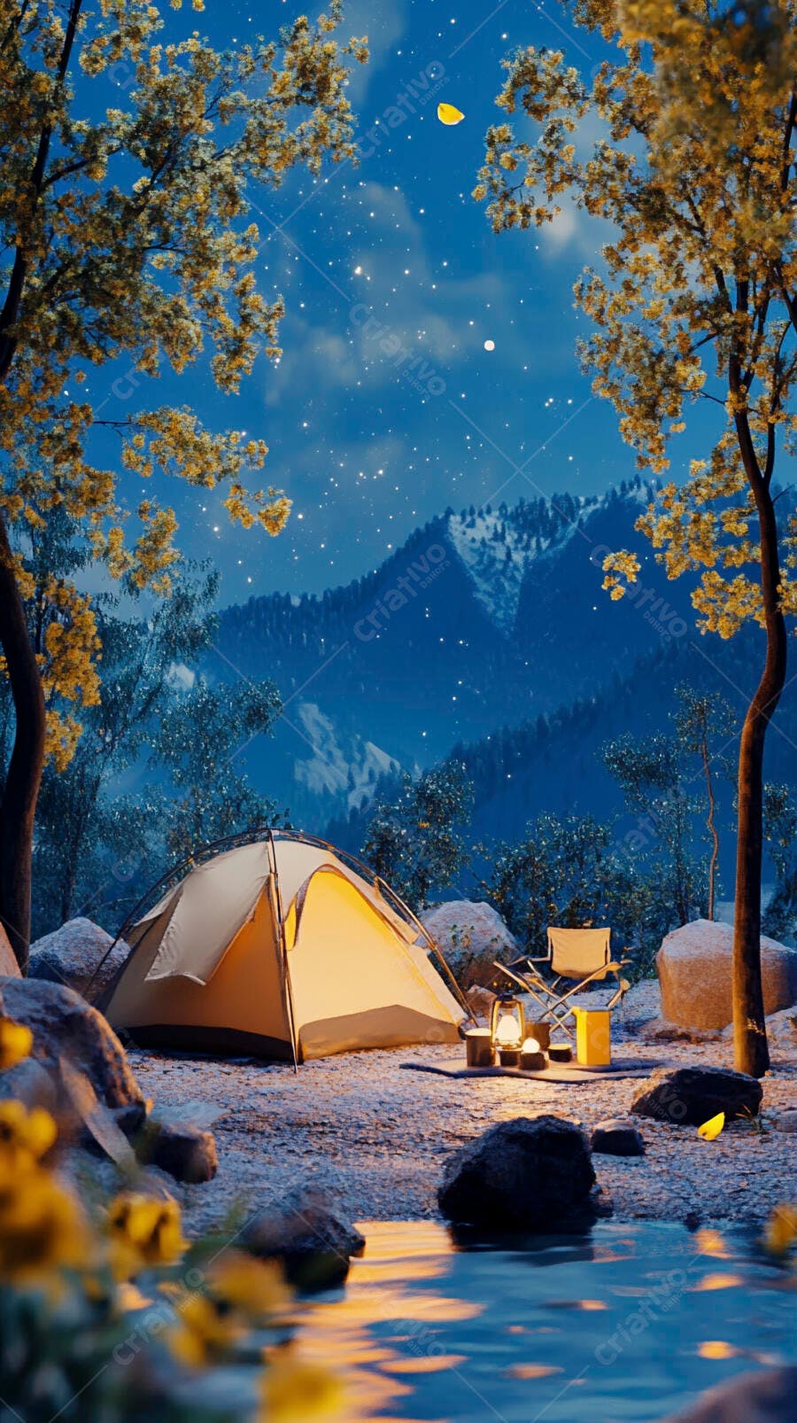 Barraca de camping amarela iluminada na floresta com montanhas e céu estrelado