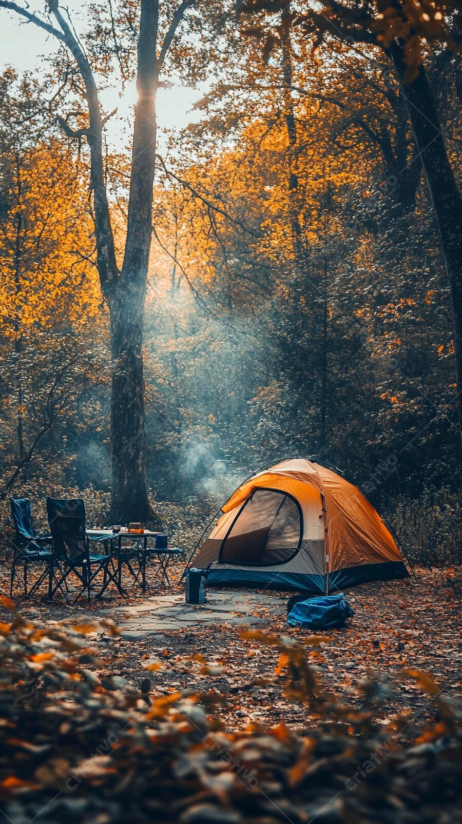 Barraca de camping laranja em acampamento tranquilo na floresta de outono com fumaça