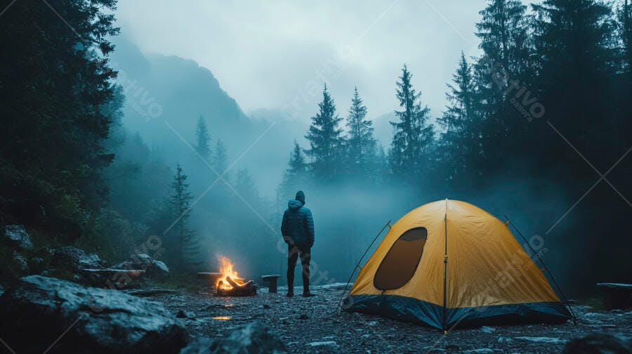 Homem acampando com barraca amarela e fogueira em floresta nebulosa