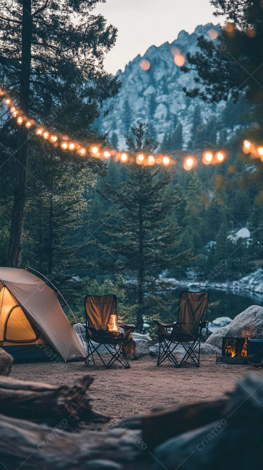 Acampamento noturno com barraca iluminada fogueira e luzes de corda na floresta montanhosa